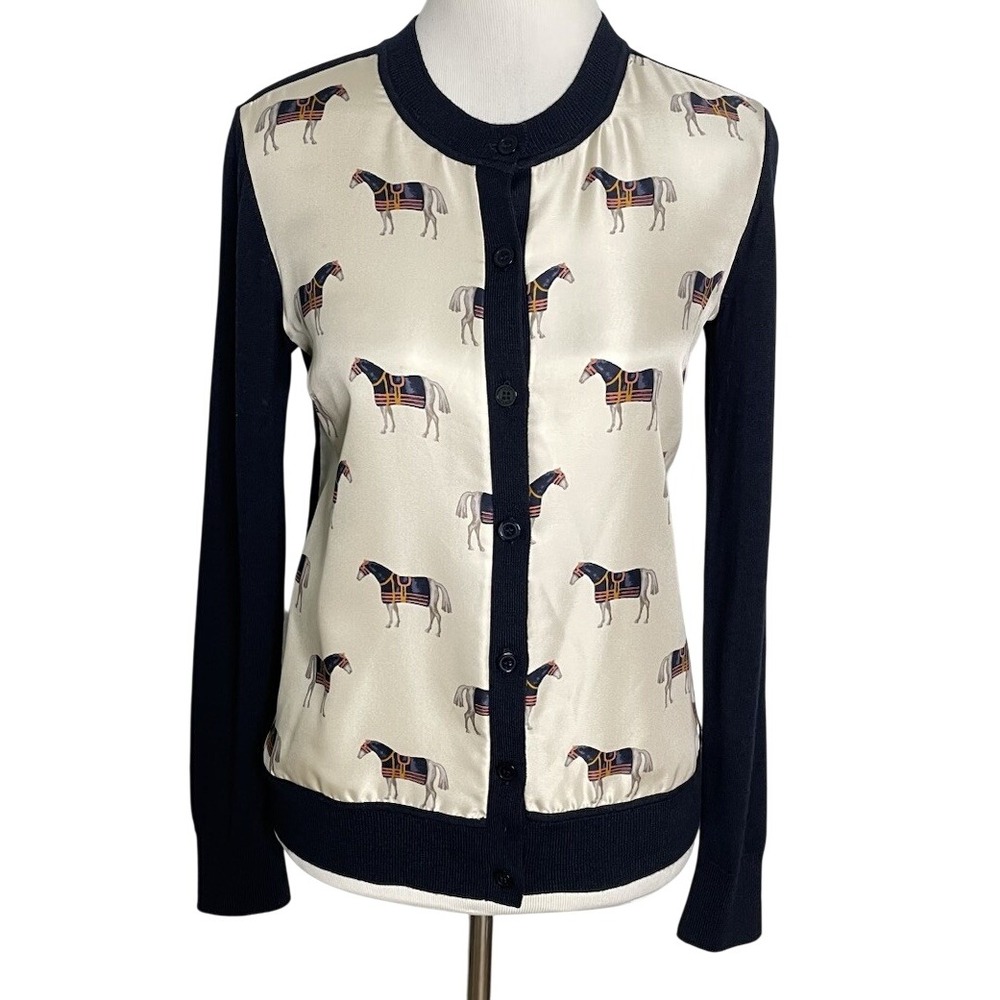 Tory Burch Silk Front Cardigan Merino Wool Horse Print Equestrian Old Money S